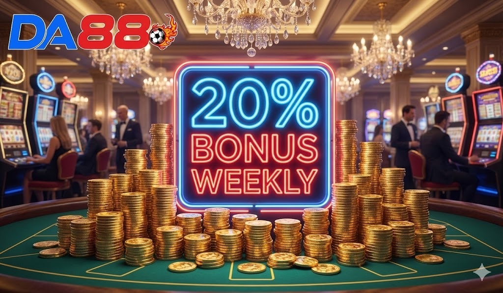 Live Casino DA88 Thưởng 20% Mỗi Tuần Cho Người Chơi: Đẳng Cấp Thượng Lưu, Ưu Đãi Bất Tận! 2 Chi tiết về sự kiện siêu hot Live Casino DA88 thưởng 20% mỗi tuần cho người chơi